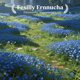 a fantasy meadow landscape with waterfall patches of blue flower, digital art