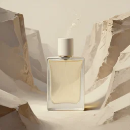 perfume bottle emerging from full height flat ios 1 5 perfect abstract modern art, canyon topography, plastic paint in oil, cinematic architectural scale, dramatic, volumetric, concept art, particle simulation in houdini by james jean and bridget riley and apple, beige cream natural muted tones, trending on artstation, rendered in octane