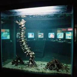 colored photograph taken on fujifilm superia film, 3 5 mm, spooky creepy liminal space, display case, aquatic exhibition science museum, driedup rotting aquarium with decayed submerged spine, bright computer screens with colorful displays, backroom stairs leading down under water, displacement