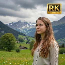 a beautiful photograph of a girl with switzerland landscape in the background with trees, hdr, 8 k, high quality, sharp focus, artstation, highly detailed, award - winning, dramatic lighting, beautiful clouds, and nature, digital art