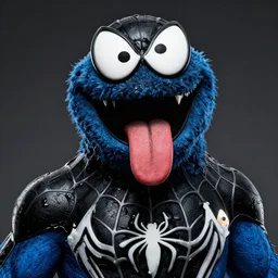 portrait cookie monster venom hybrid comic book style, highly detailed, shaded, cookie, tongue, black and blue spiderman outfit, ultra realistic