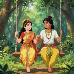 radha and krishna on a swing in the forest, anime adaptation of the radhakrishn tv show, mushoku tensei, style, wide angle, vivid detail, god eater, anime, studio bind