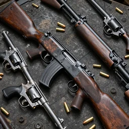 close up of kaleidoscope of machine guns, shotguns, rifles, revolvers, bullets, ultra-realistic, intricate details photograph
