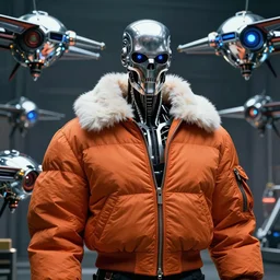 beautiful fantasy character portrait, the terminator robot, wearing orange puffy bomber jacket with white fur, futuristic chrome drones, ultra realistic, dramatic lighting, robots, the fifth element artifacts, highly detailed by peter mohrbacher, hajime sorayama, wayne barlowe, boris vallejo, aaron horkey, gaston bussiere, craig mullins
