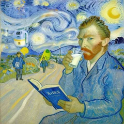 van gogh - style paintings of milk roaders reading the milk road while drinking a glass of milk