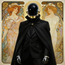 painting Daft Punk member in black cloak,cinematic,award winning photo elegant, intricate, highly detailed, sharp focus, illustration, art by artgerm and greg rutkowski and alphonse mucha