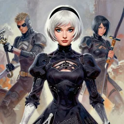 a gouache painting in the style of nier automata, by hikari shimoda, ilya kuvshinov, yoshitaka amano, by shaun tan, by good smile company, a detailed 3 d render of audrey hepburn as an android, portrait, cgsociety, artstation, a modular costume and headpiece, action adventure scene