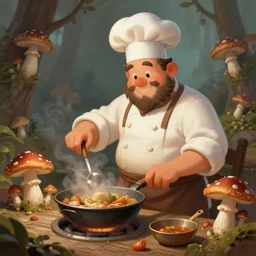 a mushroom chef cooking a meal, fantasy illustration, detailed digital painting, trending on artstation
