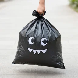 a cute walking garbage bag with eyes and pointed teeth