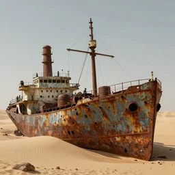 the rusted carcass of an ancient cargo ship in a desert, futuristic, intricate, detailed futuristic matte painting by Simon Stalenhag and Greg Rutkowski