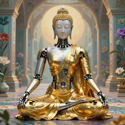 hyperrealistic autchrome android robotic buddhist woman made of metal, meditating in a tesseract psychological temple, botanical print, surrealism, vivid colors, golden ratio, negative space, minimalist composition, rule of thirds, in style of jugendstil, and maxfield parrish, maurice sendak, by moebius