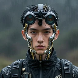 very up close portrait, of fashion elegant sophisticated of a brilliant male explorers in the rain ， full face frontal centered ， slender eyes, with complicated metal mechanical cameras, black sports jacket, ultra detailed wire decoration, complex golden future mechanical device, head mounted night vision instrument ， micro detail, by nixeu and guweiz weta, sleek curves, intricate sharp focus, trending