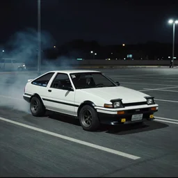 a white toyota ae86 drifting in an empty parking lot at night with tire smoke behind it, vhs camcorder footage
