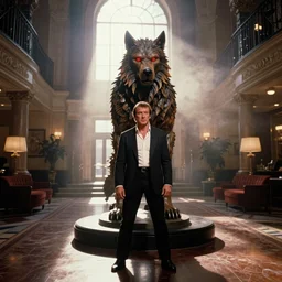 photorealistic cinematography of a steve mcqueen acting in a twilight zone episode about a photoreal rick baker designed werwolf sculpture with glowing red eyes shot on film at magic hour with the sun shining into a large 6 0's hotel lobby room filled with volumetric haze by the shining cinematographer john alcott on a cooke panchro 5 0 mm lens.