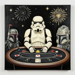 single stormtrooper sitting at an extremely detailed poker table with the detailed boba fett, sake on the table, fireworks and stars on the background, canvas, acrylic paint, by roy liechtestein, by andy warhol, traditional chinese art, black and ivory palette, isometric, pop art, 4 k, ultra - hd