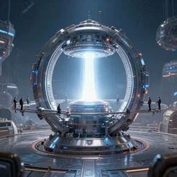 teleportation machine in our world, with people using it for travel, the machine is a large metal contraption with a bright light in the center