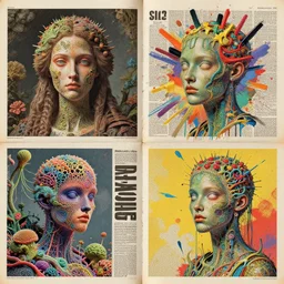 newspaper collage, 4 0 s, 6 0 s pop art, octane render, renaissance vibe brush paint explosion, ultra detailed microscopic photography, lush biological cyber art