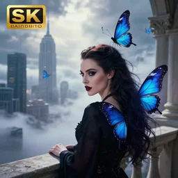 hyperrealistic portrait of a amber heard as a vampire witch over - the - shoulder shot at a stone classical balcony, sapphire butterflies wings, mystic fog smoke, above the clouds skyscrapers. by jeremy mann, alma tadema, bouguereau, james gurney, fantasy art, photo realistic, dynamic lighting, artstation, poster, volumetric lighting, 4 k, award winning