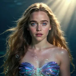 Portrait photo of Emilia Clarke as the little mermaid, hair floating covering chest, bubbles vfx, cinematic lighting, god ray, starlit shining eyes