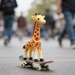toy giraffe on skateboard on a crowded street