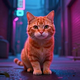 ginger cat in the alley, neon lighting, rendered in unreal engine, trending on artstation, cyberpunk
