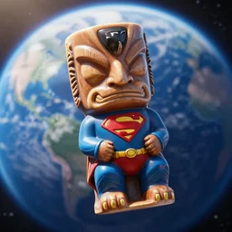 a closeup photorealistic photograph of a trader vic's tiki mug in the style of superman floating by in outer space with earth is in the background. bright scene. fine detail. this 4 k hd image is trending on artstation, featured on behance, well - rendered, extra crisp, features intricate detail, epic composition and the style of unreal engine.