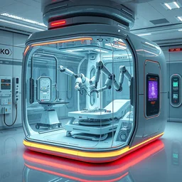 futuristic enclosed medical pod ( glass tank ) with robot arms doing precision work inside, a single large glass chamber contains multiple robotic manipulators, mako robotics product concept, highly integrated futuristic automatic medical care unit in a cyberpunk hospital lab, highly detailed, vibrant, hyperdetailed scifi concept art, artstation, hdr, rtx, octane render, cgsociety, solidworks