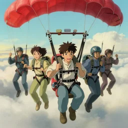 five parachutists go to the plane, portrait, close view, painting by craig mullins, octane rendering, soft morning lighting, wide angle lens, in the style of hayao miyazaki, trending on artstation,
