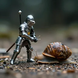 a tiny human knight in armor fighting an ordinary snail, professional macro photography, dramatic, lens flare, kodachrome