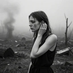 award winning photo of some despair as lynch would depict it, she is 2 3, skinny and beautiful and listens to oathbreaker, she is deaf but still hears, photo, black and white, the background is devastated by pollution, insanely detailed, once she dreamt of escaping dreams forever, foggy like in norwegian black metal aesthetic