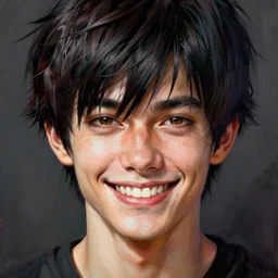 hyper realistic, surreal, portrait of mob psycho smiling, shigeo kageyama painted by greg rutkowski, wlop, loish,