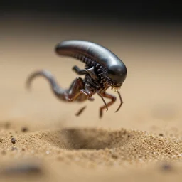 macro photo by national geographic of a tiny xenomorph jumping from below through sand, fast shutter speed, motion blur, tiny gaussian blur, insanely detailed, insanely intricate, depth of field, low contrast, wide aperture, action photography