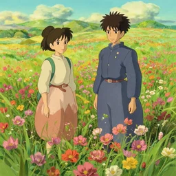 flower field, in the style of studio ghibli, j. c. leyendecker, greg rutkowski, artgerm