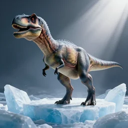 a medium long wide shot of a hyper detailed ultra sharp portrait of a dinosaur frozen into a prehistoric iceblock, god - rays, dramatic light, sharp focus, global illumination, radiant light, unreal 5, daz, hyperrealistic, octane render, cosplay, rpg portrait, dynamic lighting, intricate detail, harvest fall vibrancy, cinematic