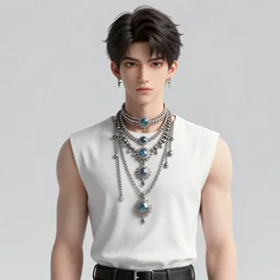 a character model design of a very handsome shy young man wearing excessive jewelry in an ornate and elegant way