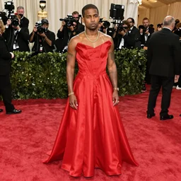kanye west [ wearing a [ red dress ]!! ]!!, fashionista!!, red carpet, [ 4 k photorealism ]!!, fashion photography, 4 k quality