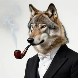 portrait of a singular aristocratic wolf!!!!!!!! wearing a tuxedo and smoking an old pipe, in style of ida rentoul outhwaite, closeup, isolated