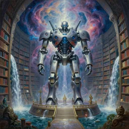 a cinematic view of a large cyber robot altar shrouded by mystic nebula magic in an endless temple library by moebius and android jones, galactic waterfalls, oil on canvas sharp, details, hyper - detailed, hd, hdr, 4 k, 8 k