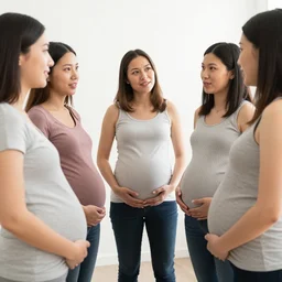 group of pregnant woman standing around talking about birth