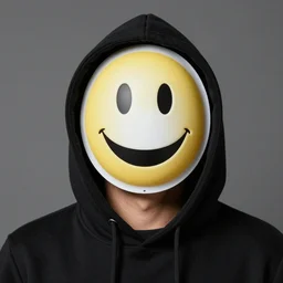 real portrait of mcs, wear hoodie and with smiley mask