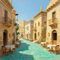 street of teal stone, sunlight and whimsical houses, cafe tables, ancient egypt, painting by james gurney