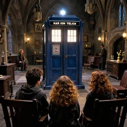 Harry, Ron and Hermione watch the TARDIS materialise in the Gryffindor common room
