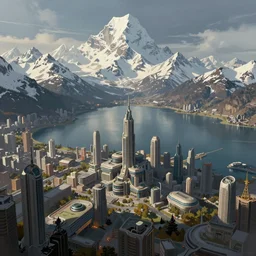scifi concept art by neill blevins, futuristic city near to a big lake with a snowed mountain range in the background, nostalgic vibes, digital painting, artstation, concept art, sharp foccus ilustration, artstation hq