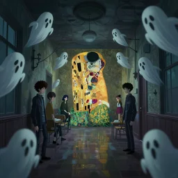 interior of a haunted school corridor ghots flying around, art style by kim jung gi karl marx greg rutkowski ghibli klimt and nixeu and ian sprigger and wlop and krenz cushart, au naturel, hyper detailed, digital art, trending in artstation, behance, deviantart, houdini
