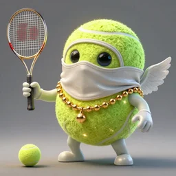 a tennis ball monster with a tennis racquet, bust shot, angel cherub, gold necklace chain, balaclava, face covered, smooth, intricate, elegant, power aura, digital painting, artstation, concept art, sharp focus, illustration, art by basil gogos - h 6 4 0