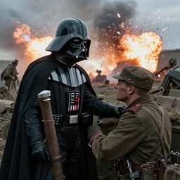 darth vader in a ww 1 trench, imperious, looking at a shell shocked soldier, explosions going off in the background