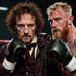 a photorealistic photograph of edgar allan poe boxing jake paul. accurate face. this 4 k hd image is trending on artstation, featured on behance, well - rendered, extra crisp, features intricate detail, epic composition and the style of unreal engine.