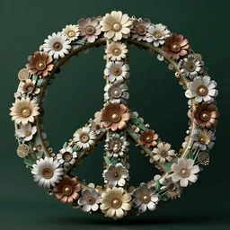 Peace symbol covered in mechanical flowers against a dark green background, ultra detailed HD digital art