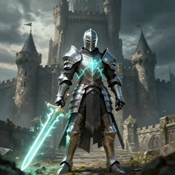 knight with armor of neon, sword ray, front castle elden ring, art station by greg rutkowski - artstation, realistic, 4 k