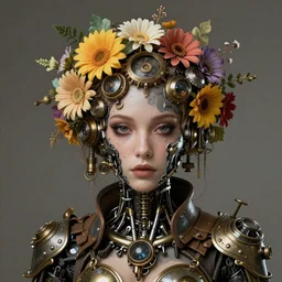 portrait steampunk cyborg with flowers in his hair 4k ultra detailed